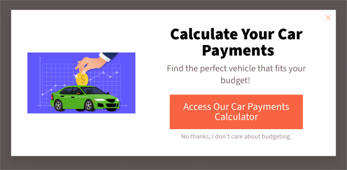 car payments lead generation popup