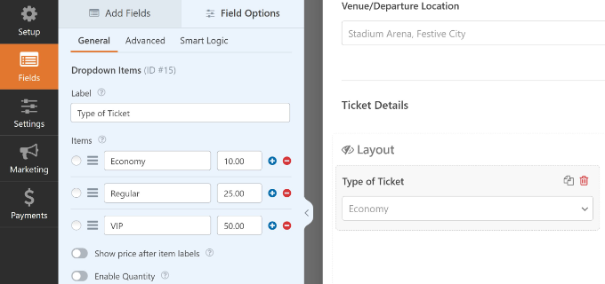 Edit each field in ticket booking form