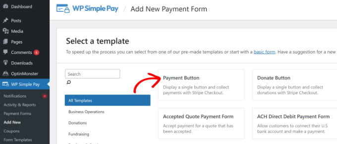 Select payment form template