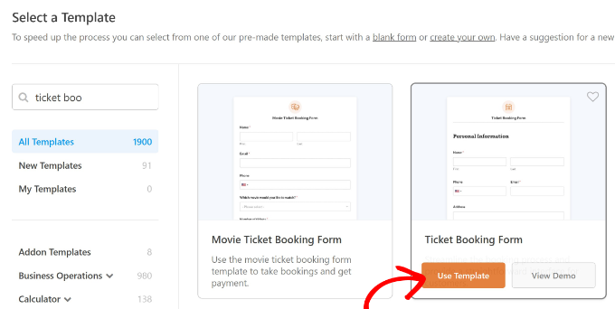 Ticket booking form template