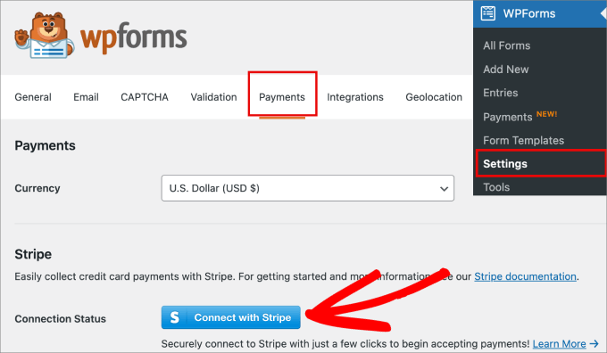 WPForms connect with stripe