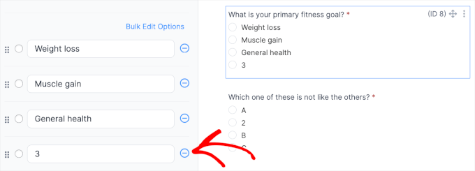 The button to remove an option field in Formidable Forms builder