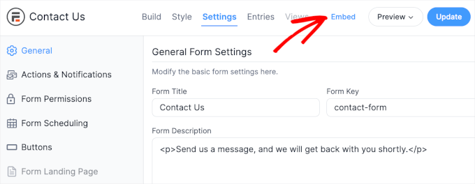 Formidable Forms' embed button