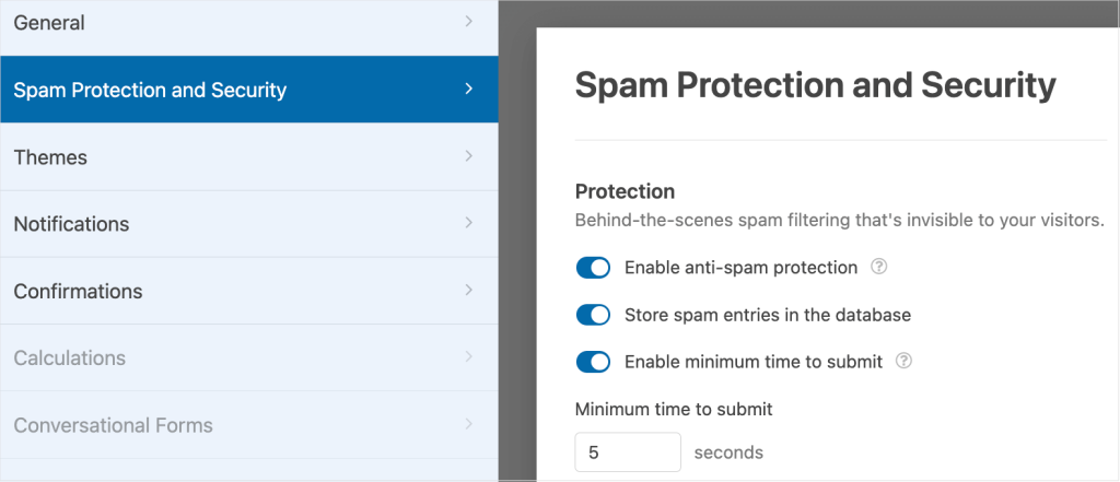 The Spam Protection and Security section in WPForms