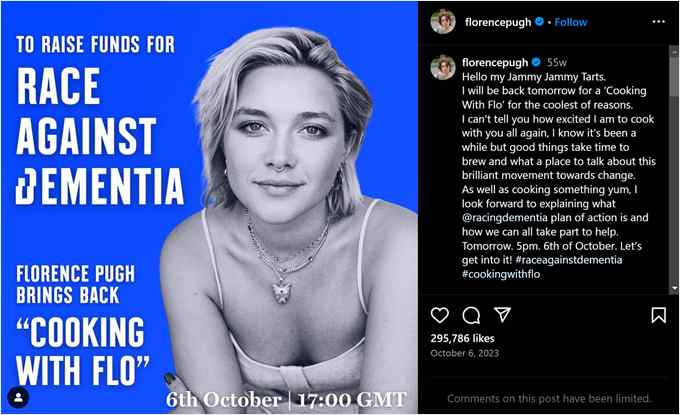 Florence Pugh's collaboration post with Racing Dementia on Instagram